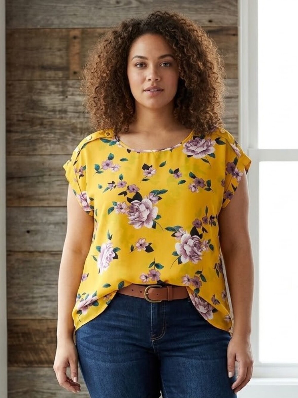 New Glory Womens 1X Mustard Yellow Sheer Chiffon Floral High-Low Blouse